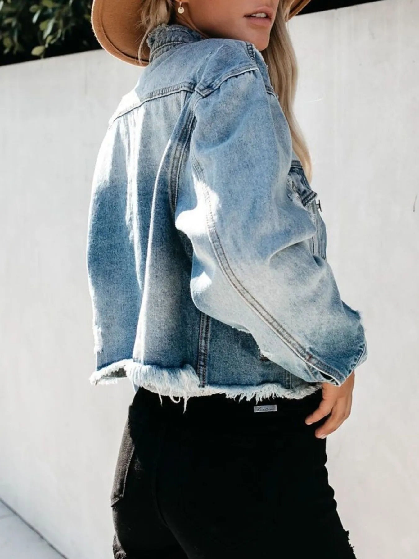 Distressed Raw Hem Denim Jacket 