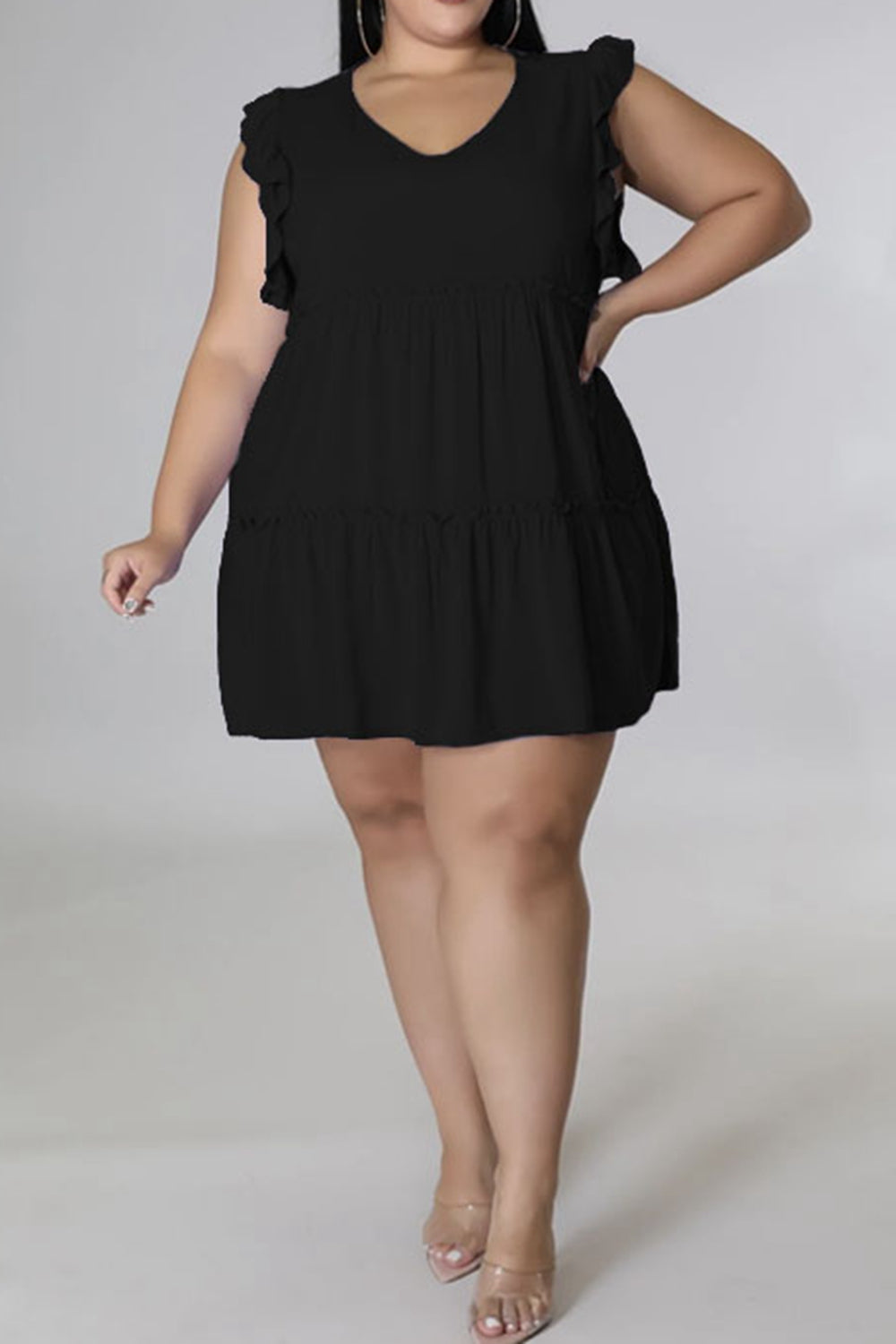 Plus Size V-Neck Frill Trim Mini Dress 