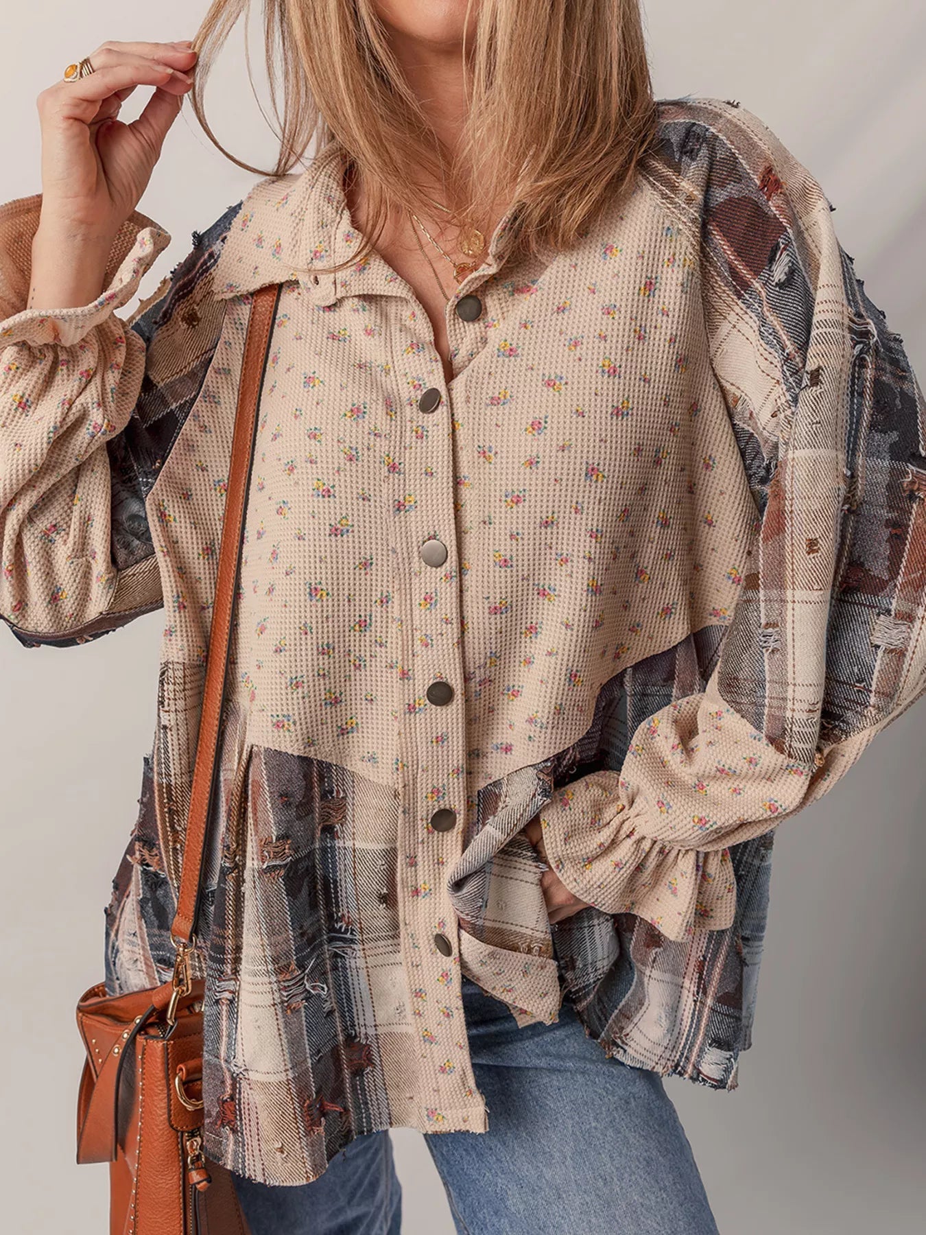 Boho Floral Plaid Patchwork Distressed Detail Ruffled Sleeve Waffle Knit Shacket 