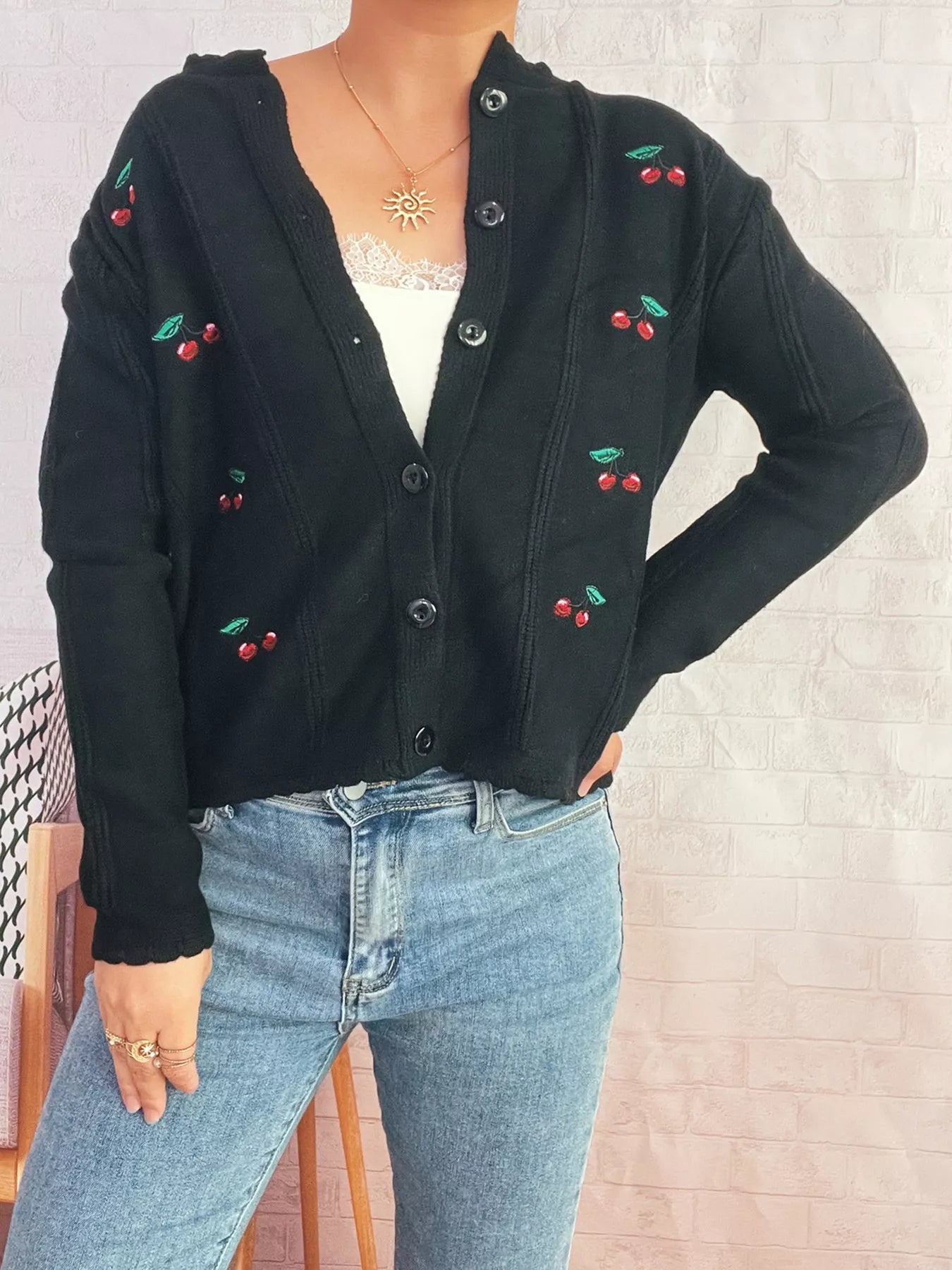 Cherry Embroidered Button Up Cardigan 