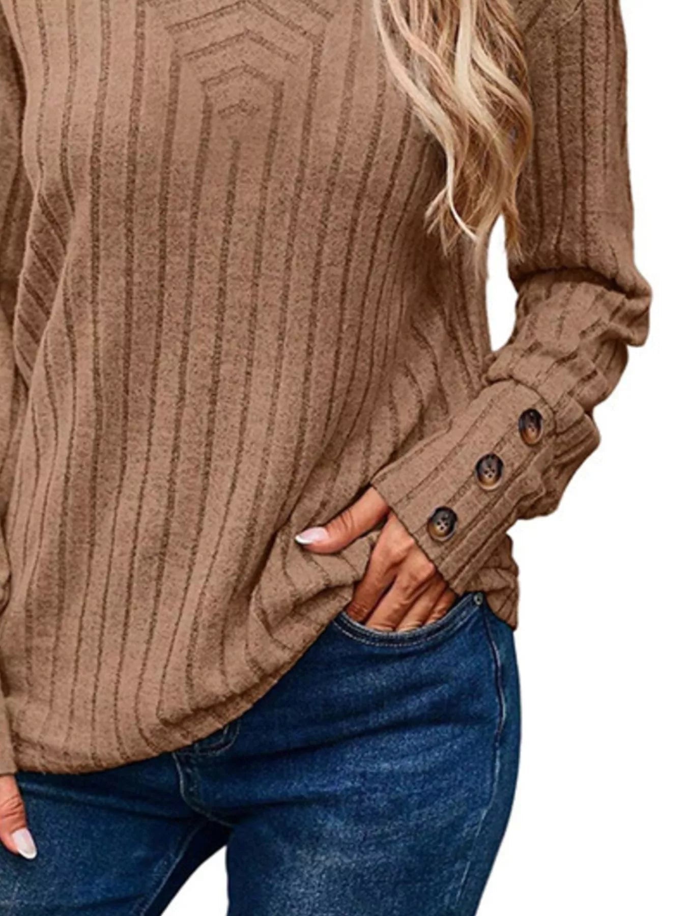 Ribbed V-Neck Long Sleeve Top 