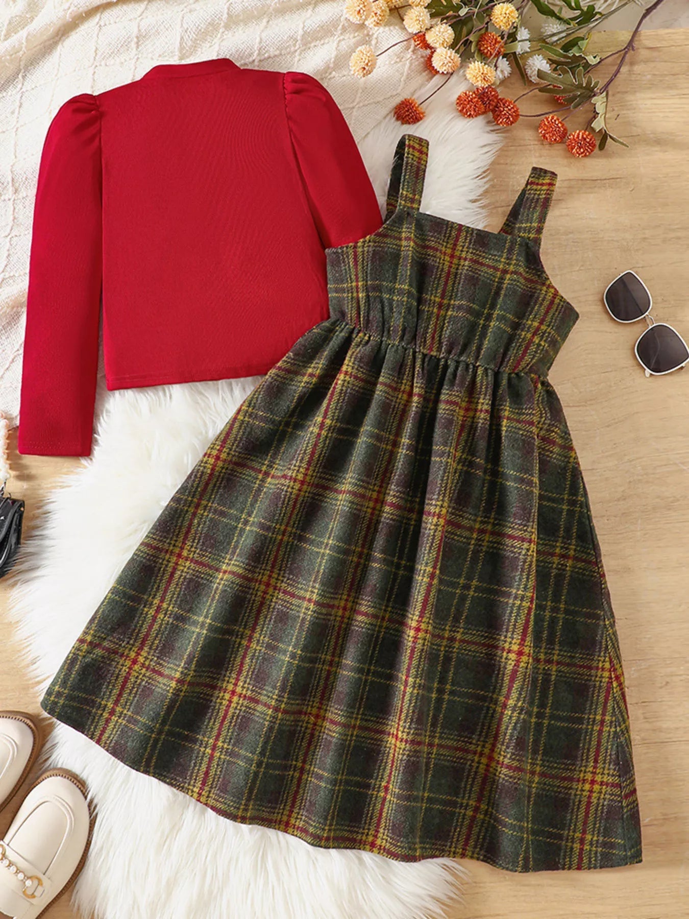 Children's Long Sleeve Top and Plaid Dress Set 