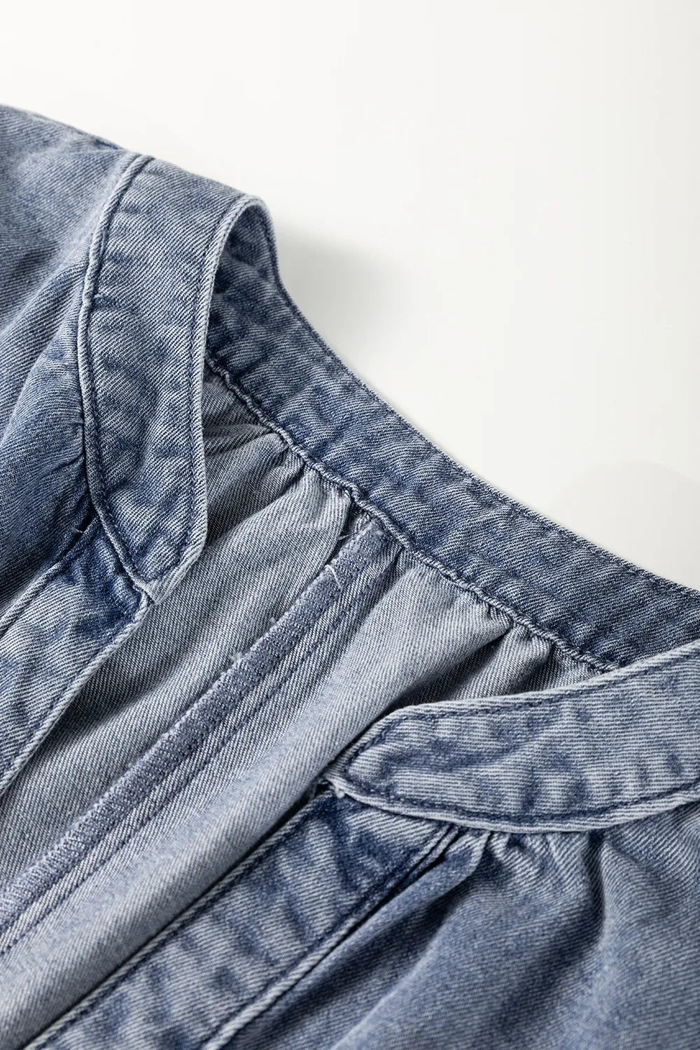 V Neck Ruffled Short Puff Sleeve Denim Top 
