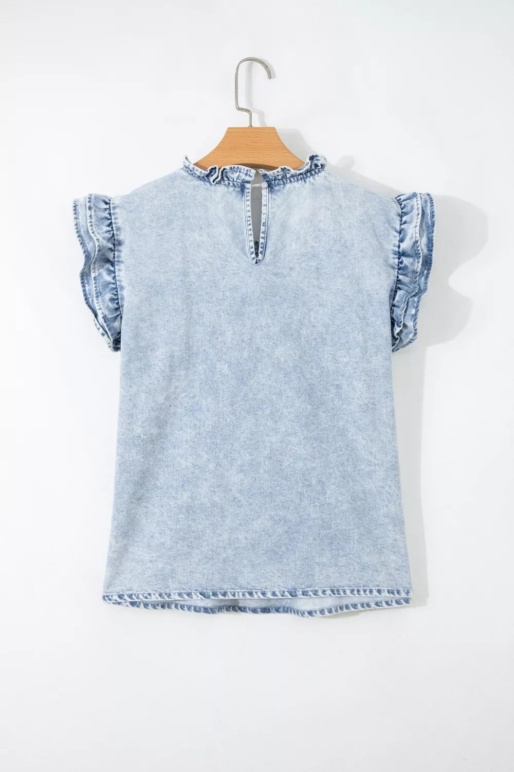 Ruffle Pleated Detail Vintage Washed Denim Top 