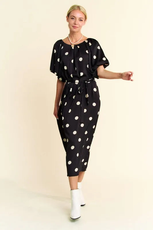 Davi & Dani Polka Dot Puff Sleeves Waist Tie Midi Dress 