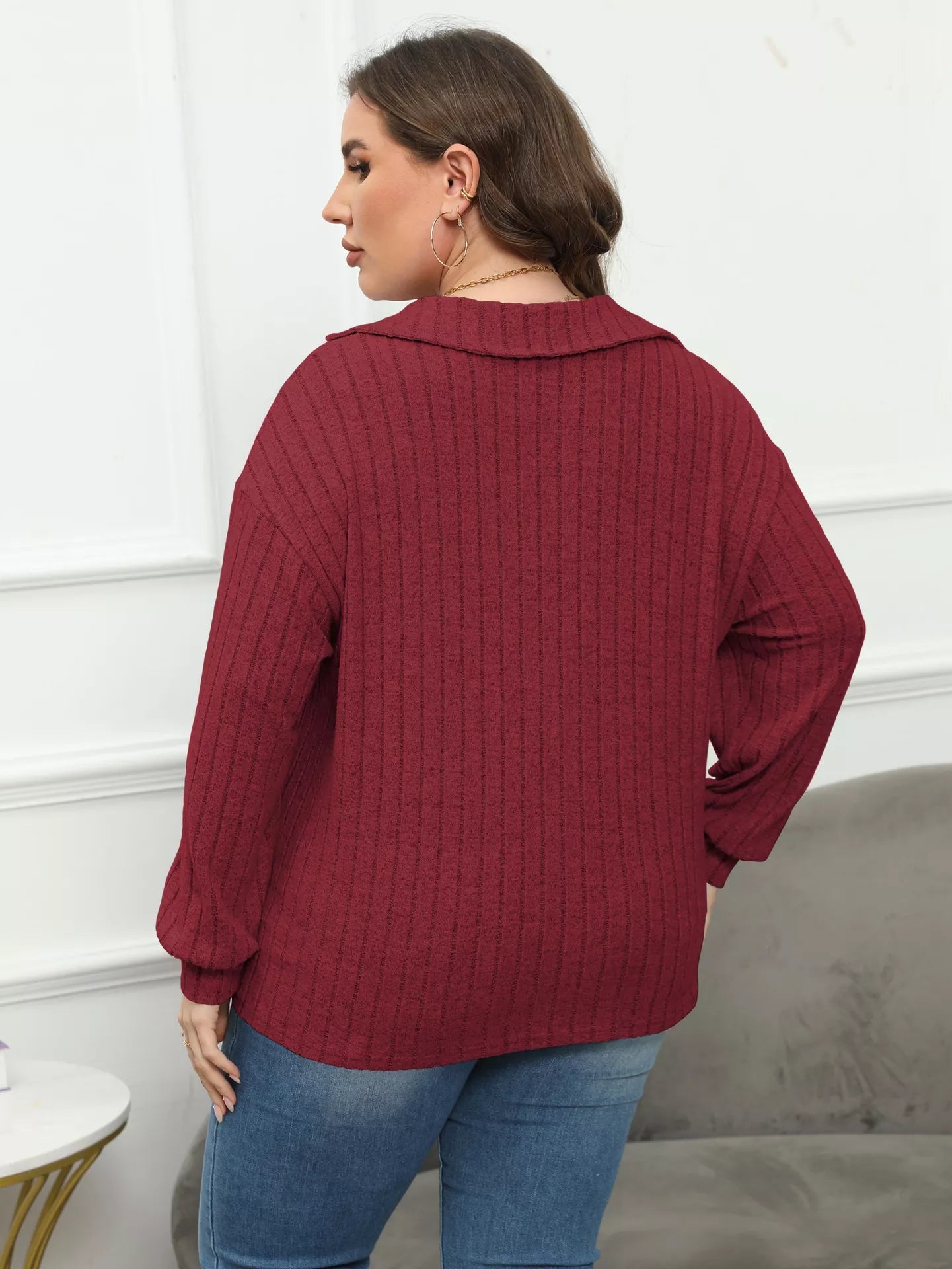 Plus Size Ribbed Knit Polo Collar T-Shirt 