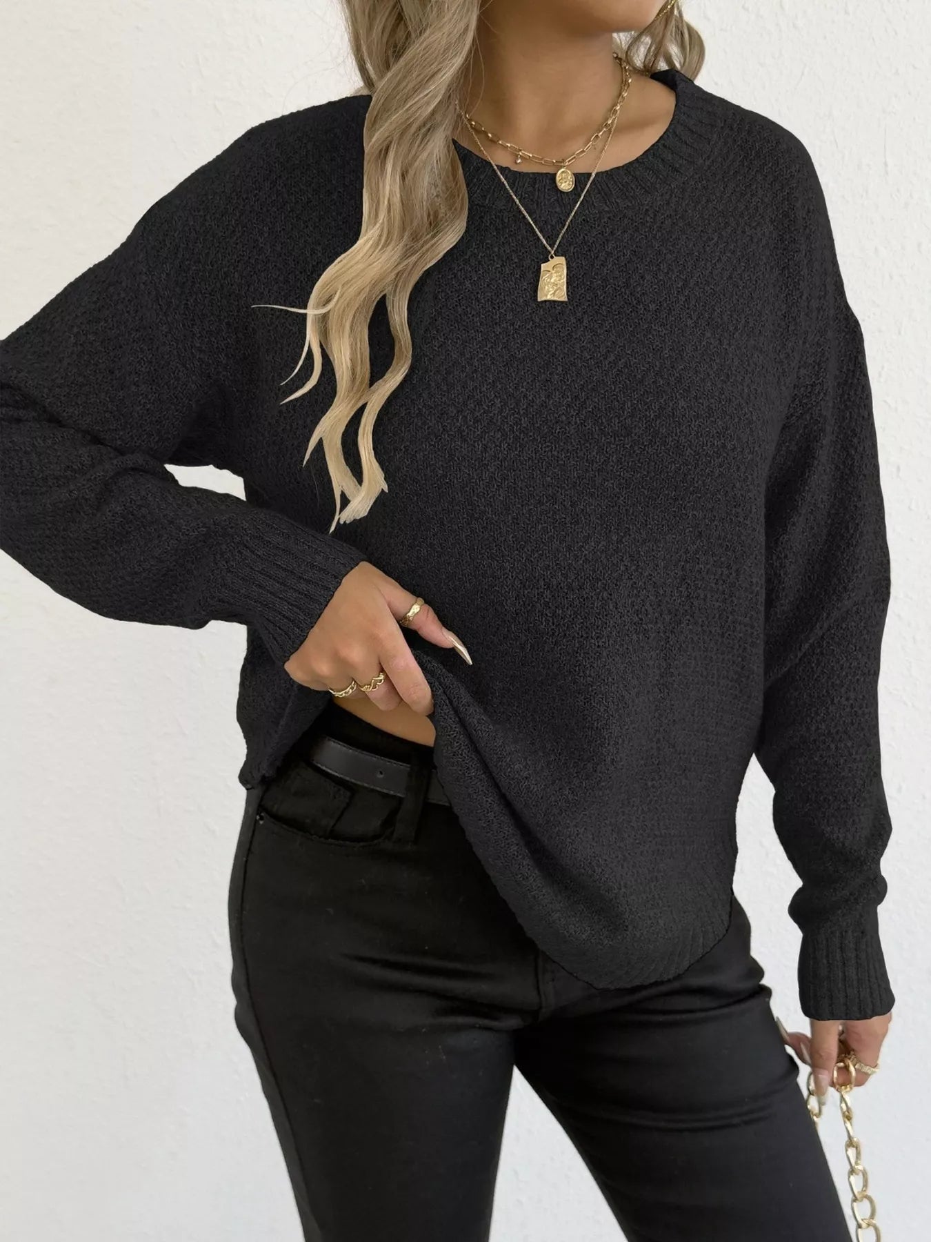 Textured Knit Relaxed Fit Round Neck Sweater 