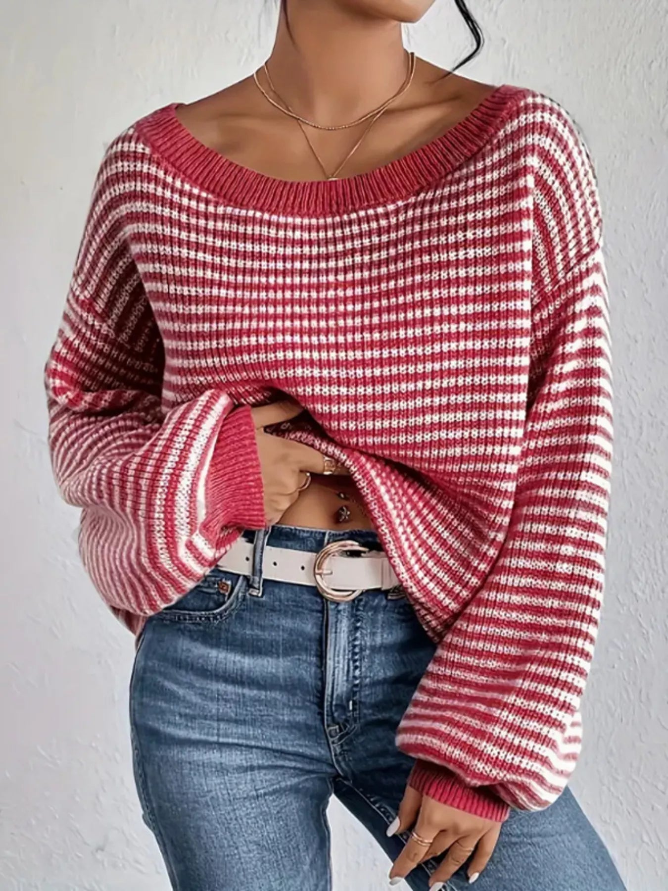 Striped Boat Neck Long Sleeve Sweater 