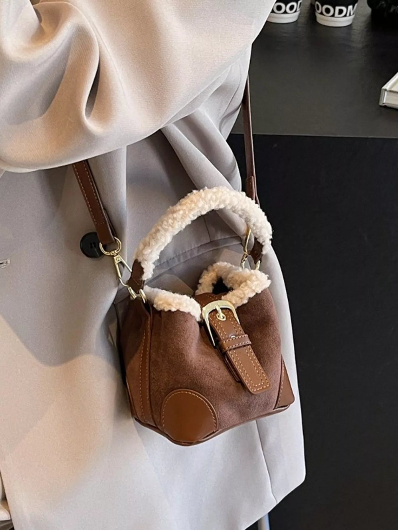 Fuzzy Trim Bucket Crossbody Bag 