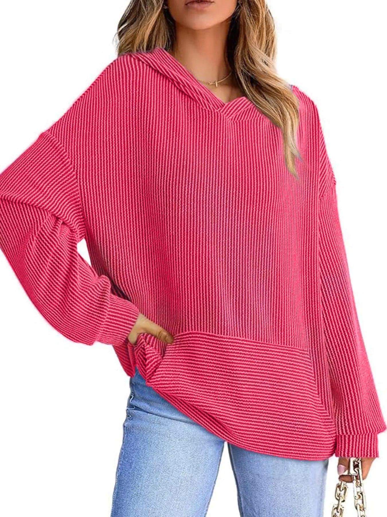 Ribbed Oversized Hoodie Sweatshirt with Pocket 