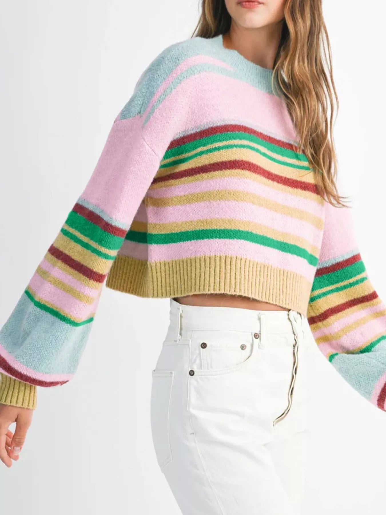 Multicolour Striped Knit Ribbed Trim Boxy Fit Cropped Sweater 
