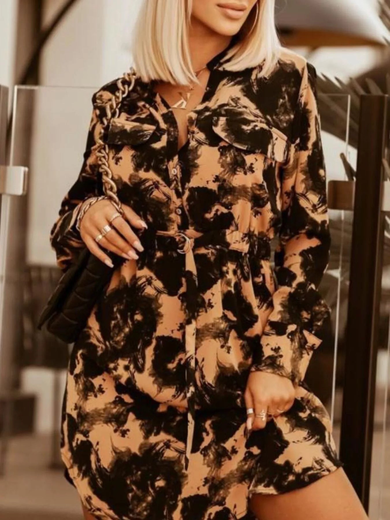 Printed Button Front Long Sleeve Dress 
