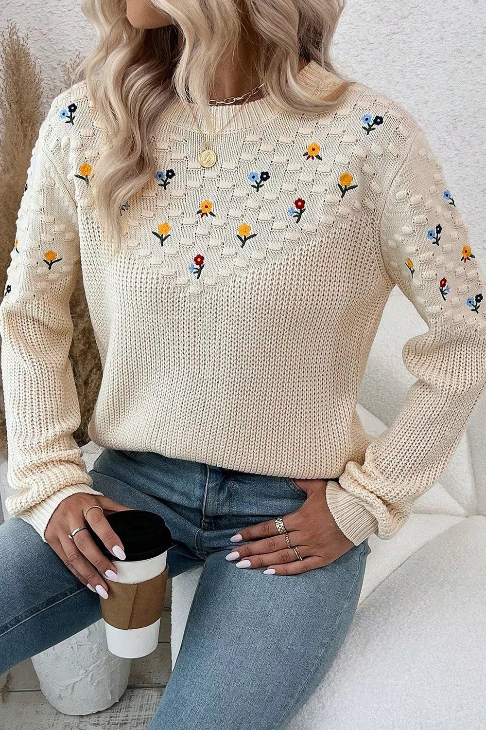 Floral Round Neck Dropped Shoulder Sweater 