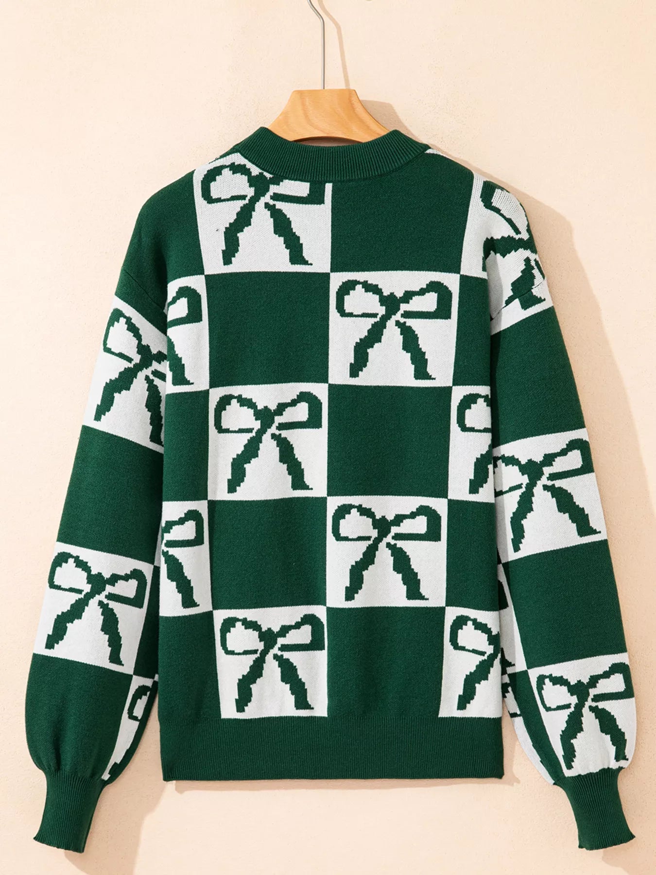 Checkered Bow Round Neck Casual Sweater 