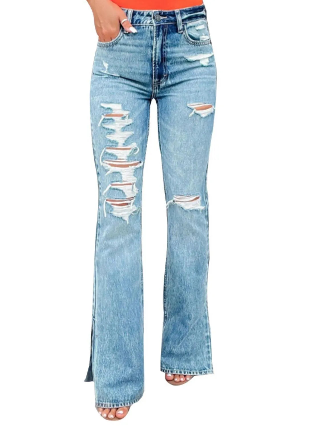 Distressed Slit Bootcut Jeans 