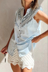 Frill Button Down Ruffled Cap Sleeve Denim Top 