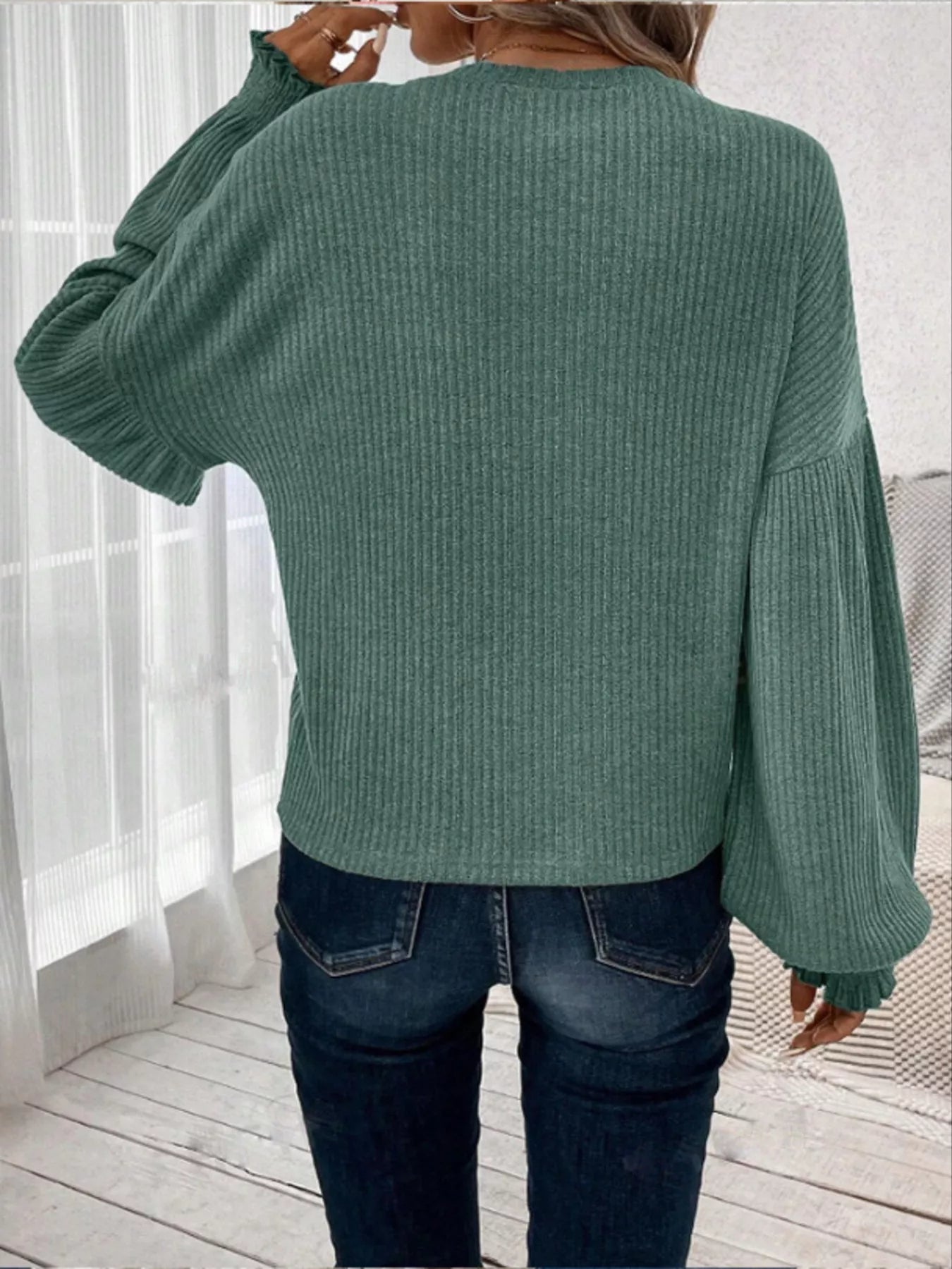 Ribbed Knit Long Sleeve T-Shirt 