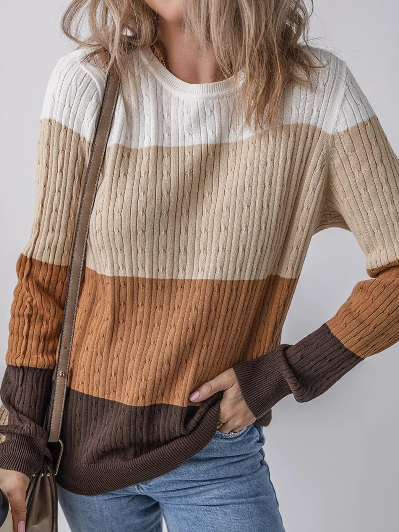 Colorblock Cable Knit Round Neck Sweater 