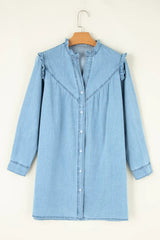 Button Up Notched Long Sleeve Denim Dress 