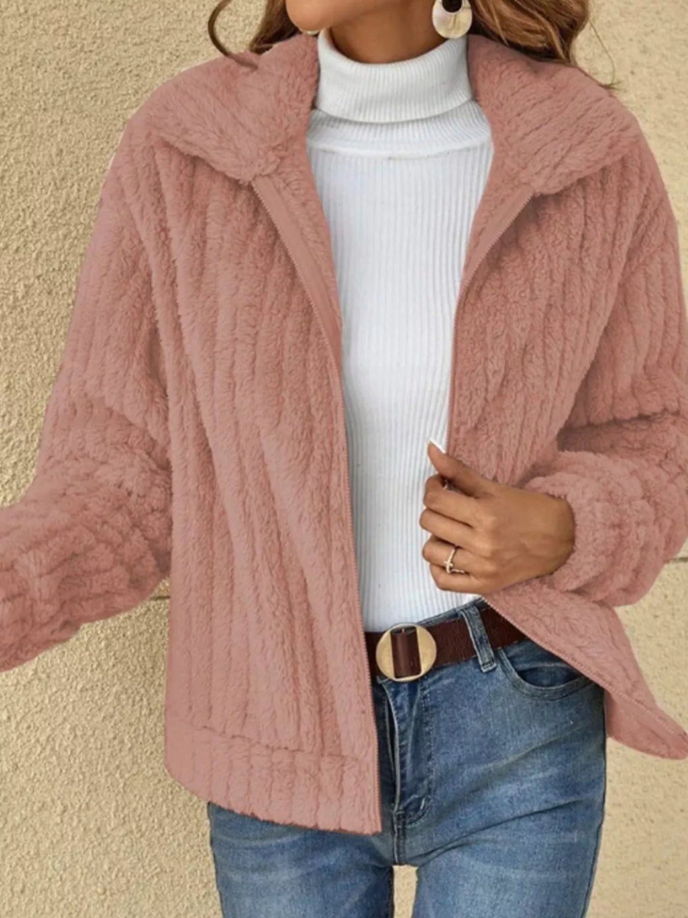 Full Size Zip-Up Long Sleeve Texture Jacket Plus Size 