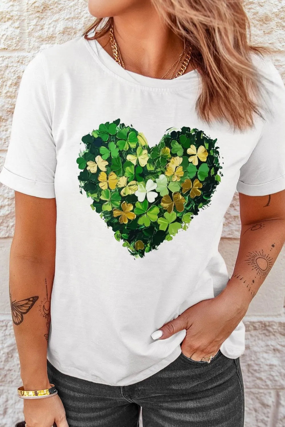Clover Heart Round Neck Short Sleeve T-Shirt 