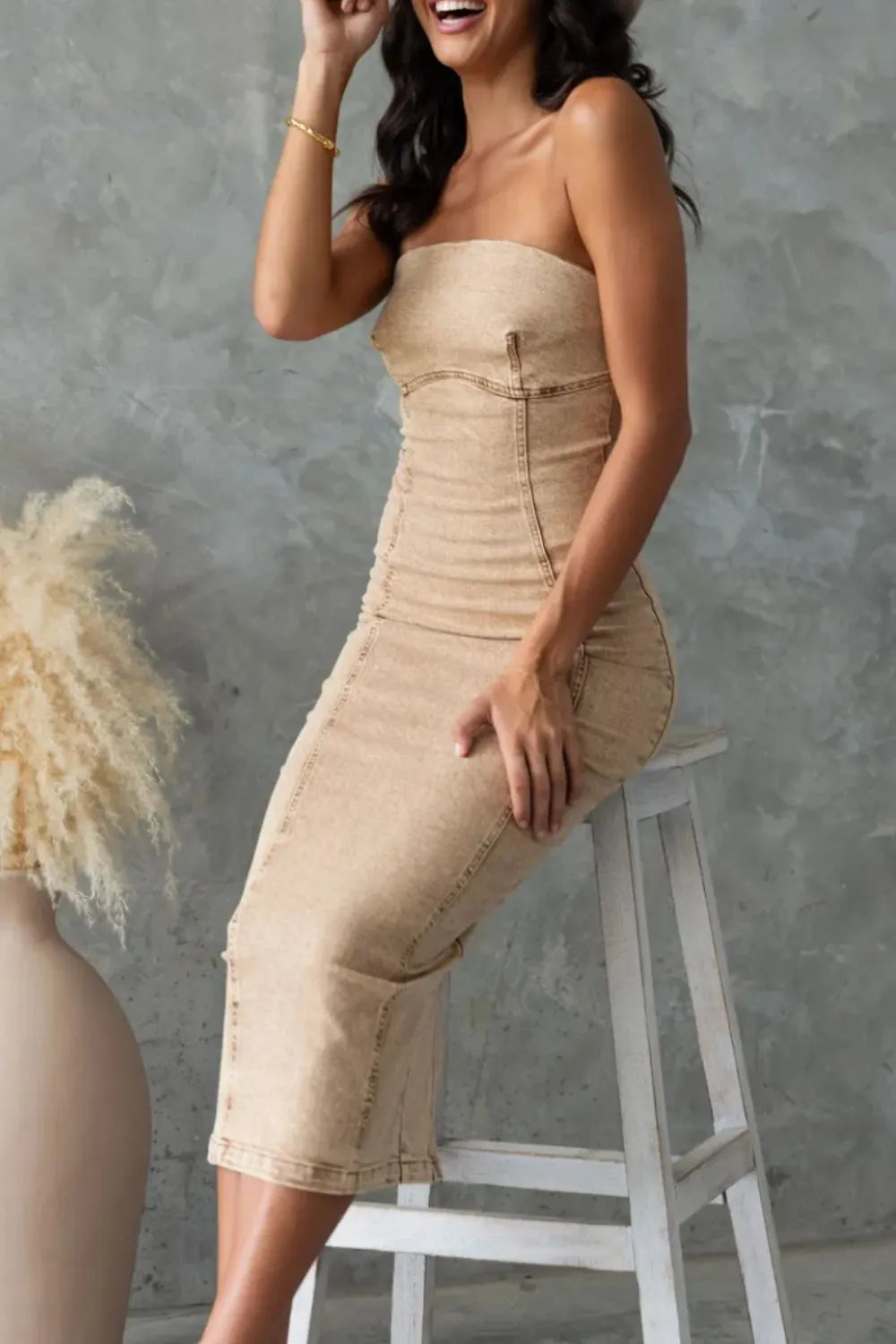 Washed Slit Back Tube Denim Dress 