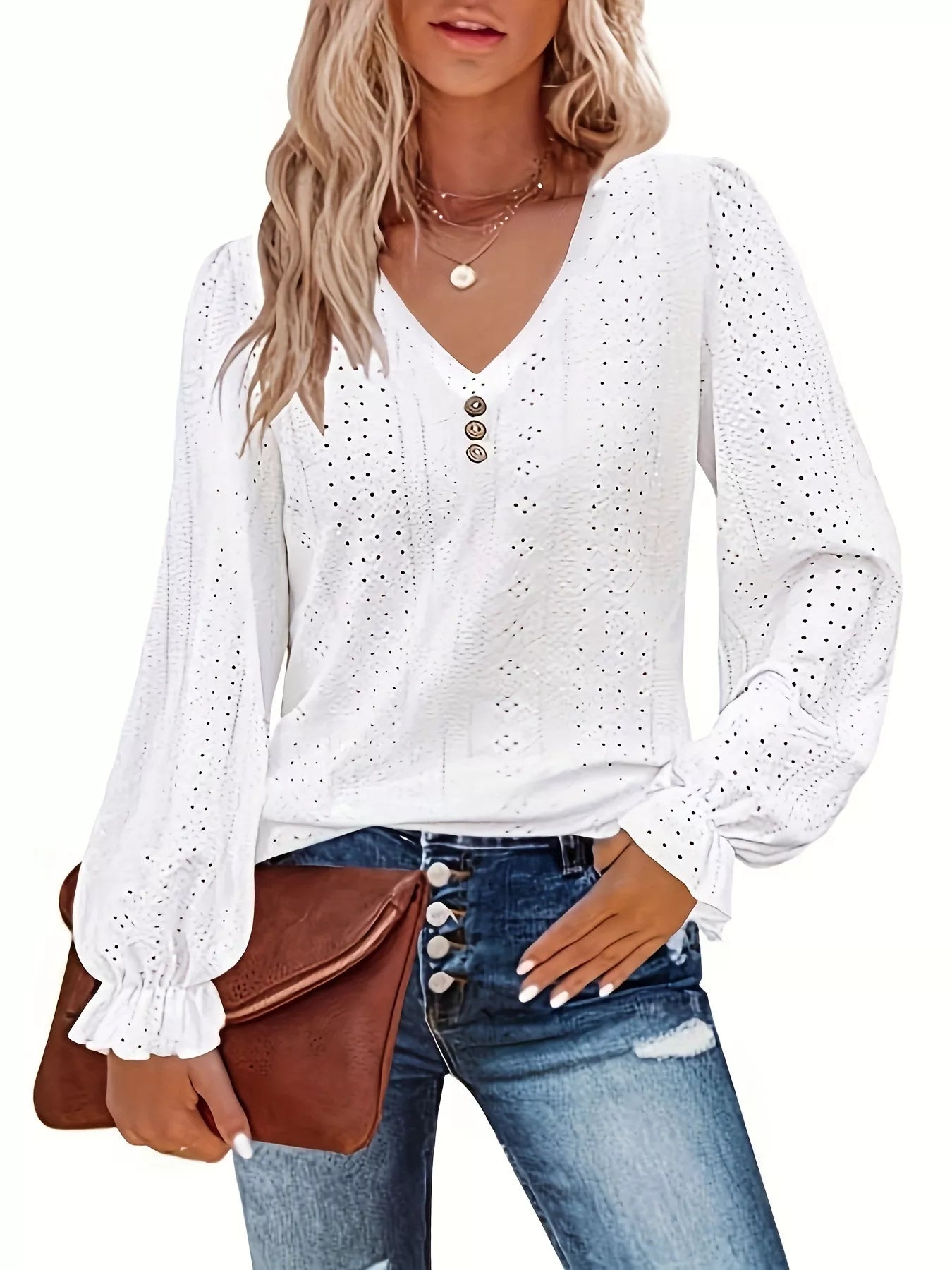 Plus Size Eyelet V-Neck Flounce Sleeve Blouse 