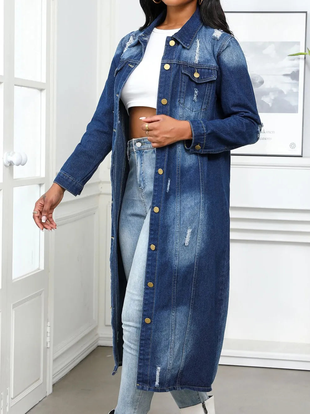 Distressed Button Up Collared Neck Denim Top 