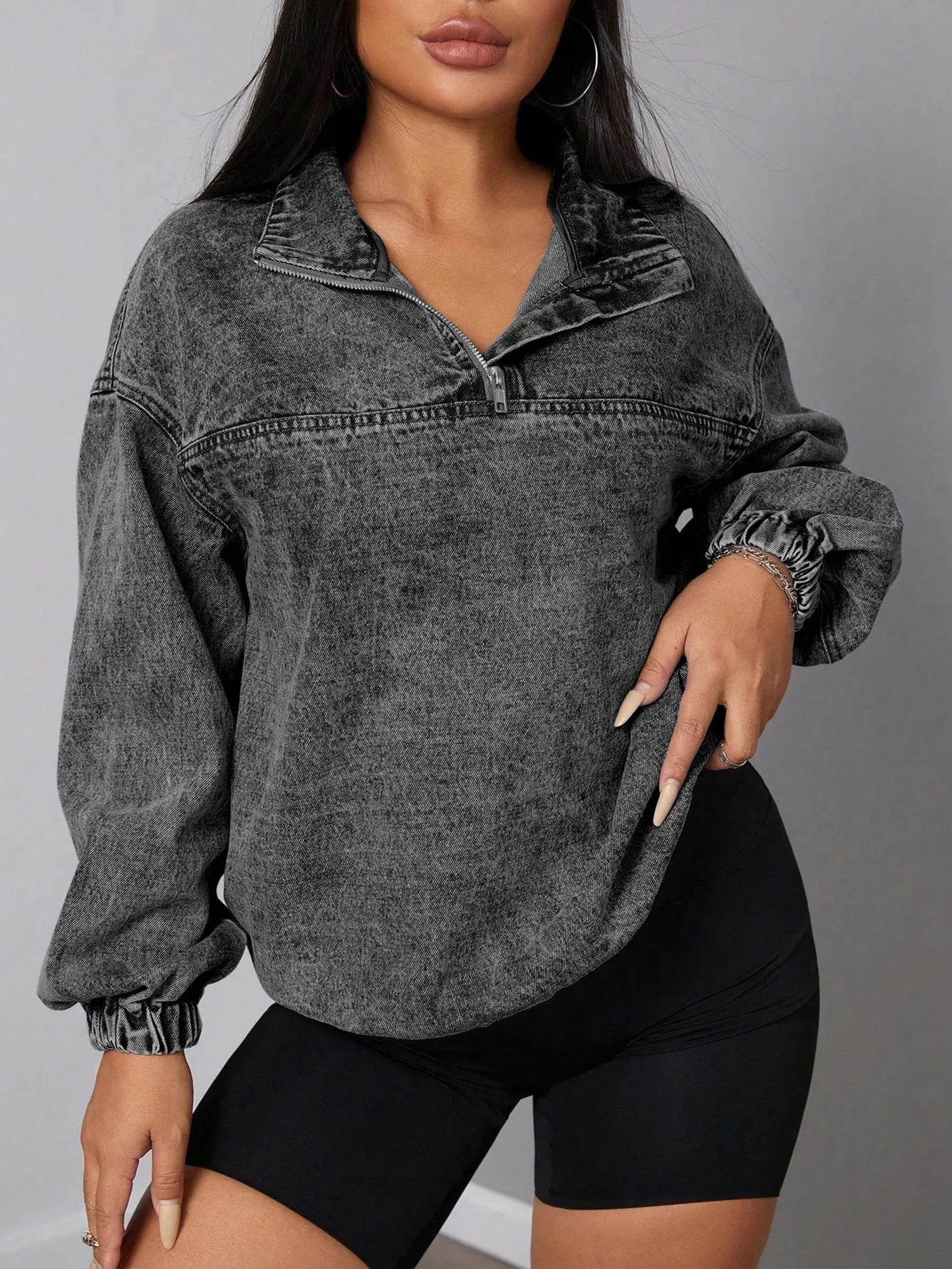 Elastic Hem Quarter Zip Denim Top 
