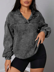 Elastic Hem Quarter Zip Denim Top 