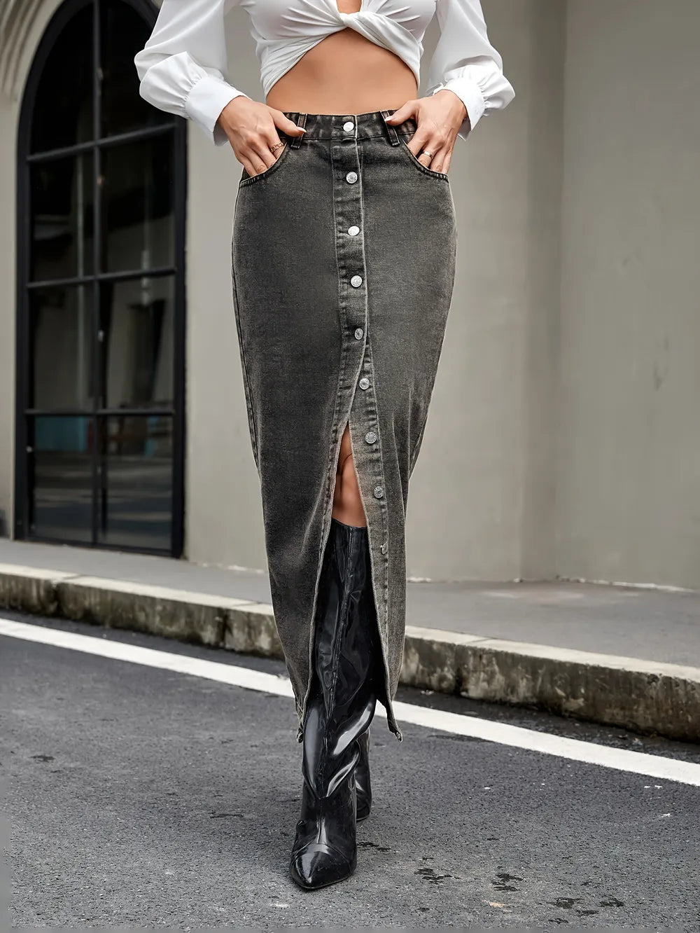 Button Up High Rise Denim Skirt 