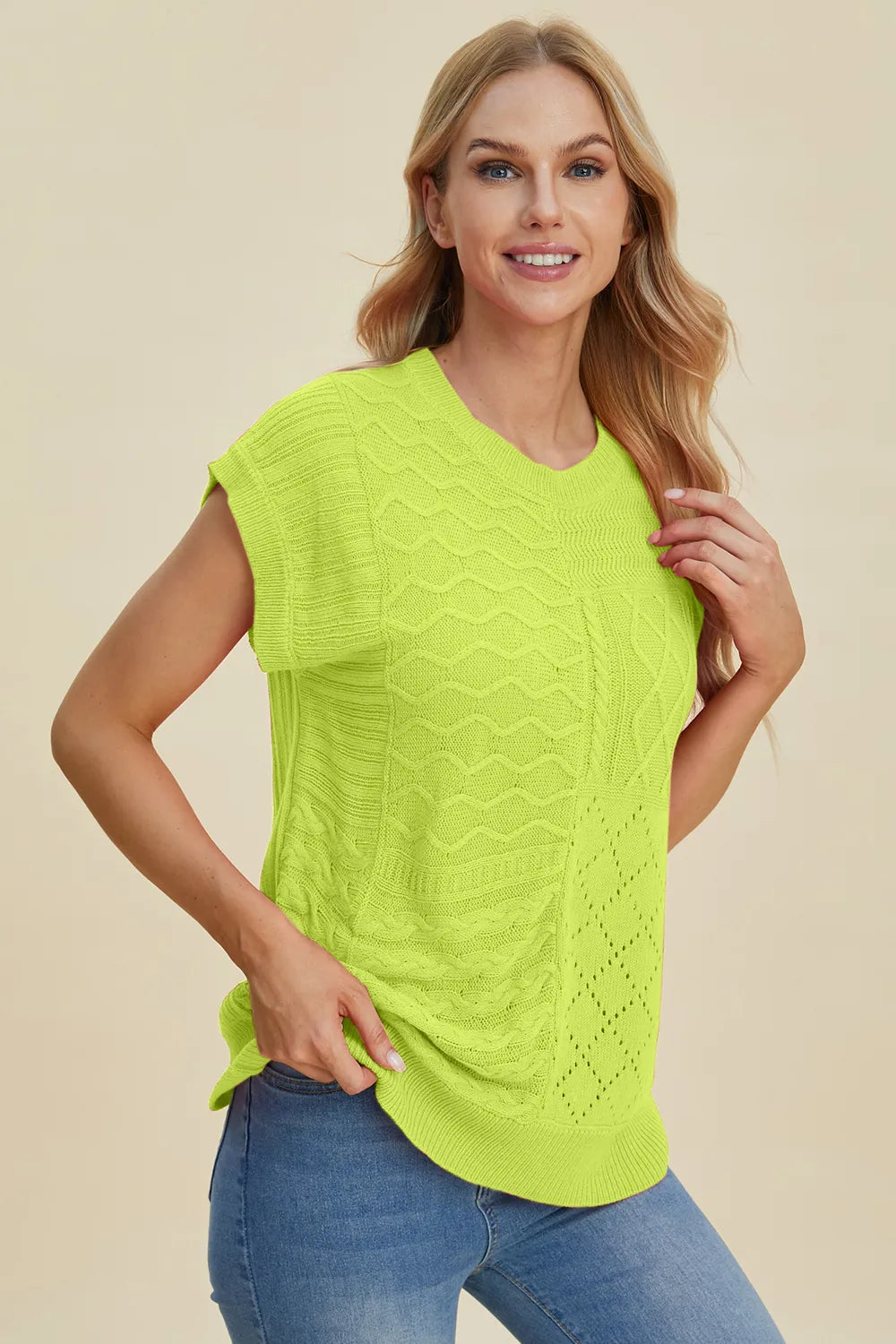 Double Take Full Size Cable-Knit Round Neck Cap Sleeve Sweater 