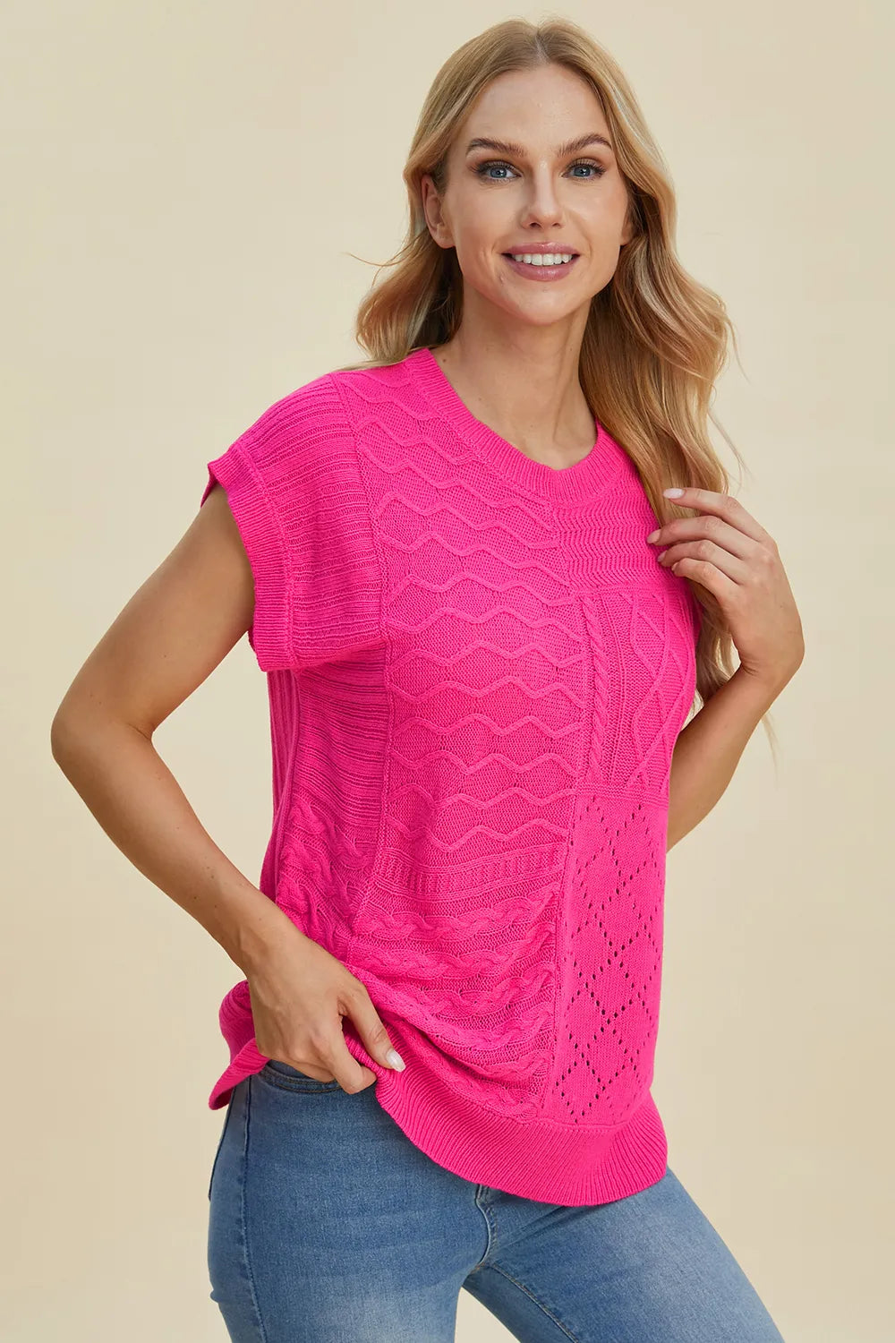 Double Take Full Size Cable-Knit Round Neck Cap Sleeve Sweater 