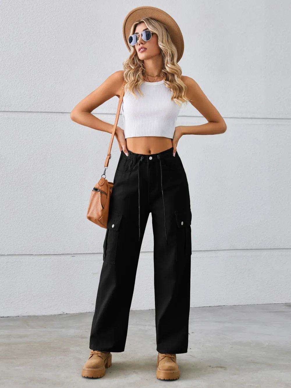 Drawstring Mid-Rise Waist Straight Cargo Jeans 