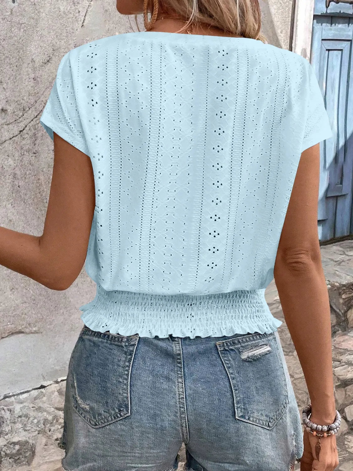 Eyelet V-Neck Short Sleeve Blouse 