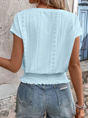 Eyelet V-Neck Short Sleeve Blouse 