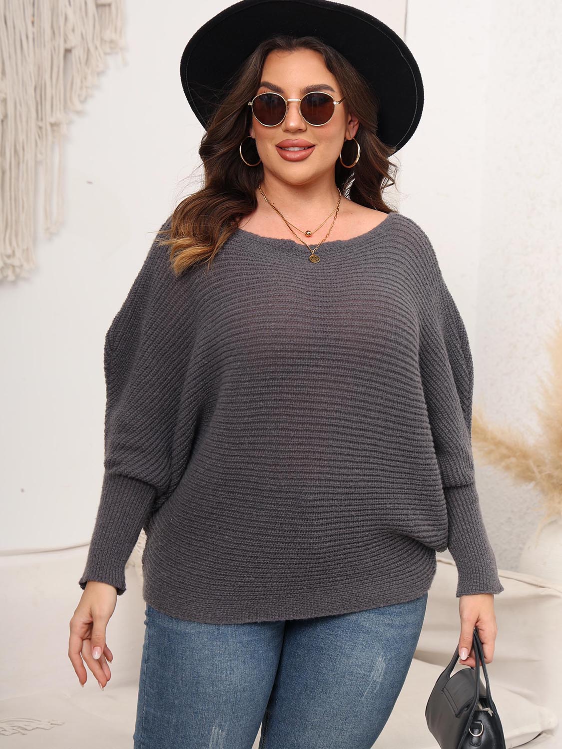 Full Size Boat Neck Batwing Sleeve Sweater 