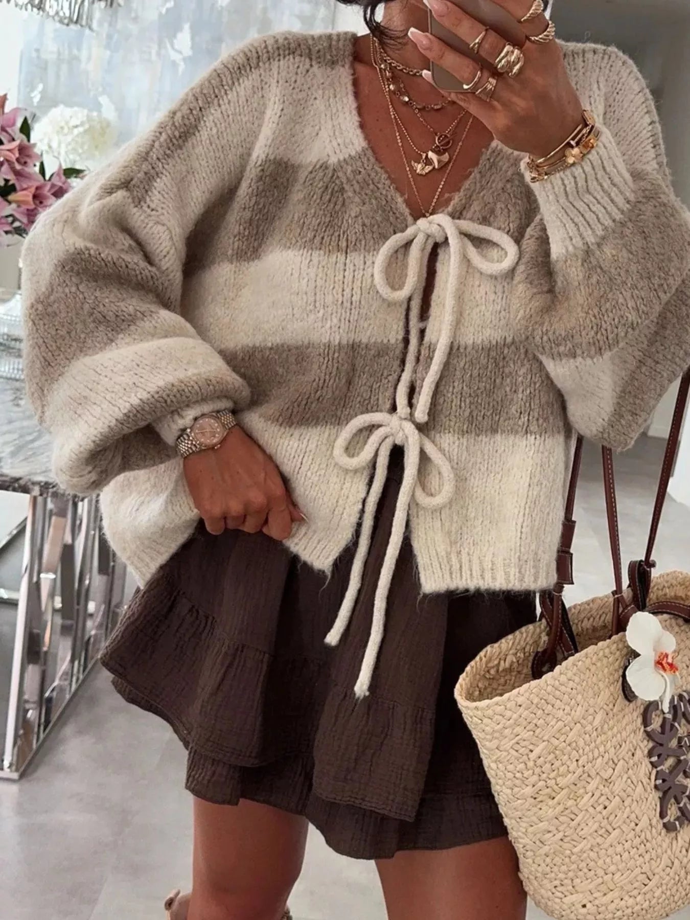 Striped Tie-Front Knit Cardigan 