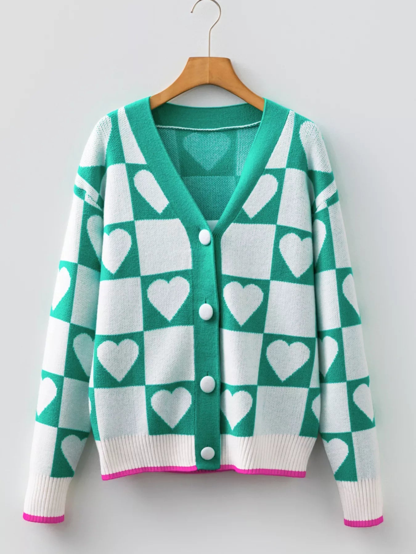 Plaid Heart Knit V Neck Button Down Sweater Cardigan 