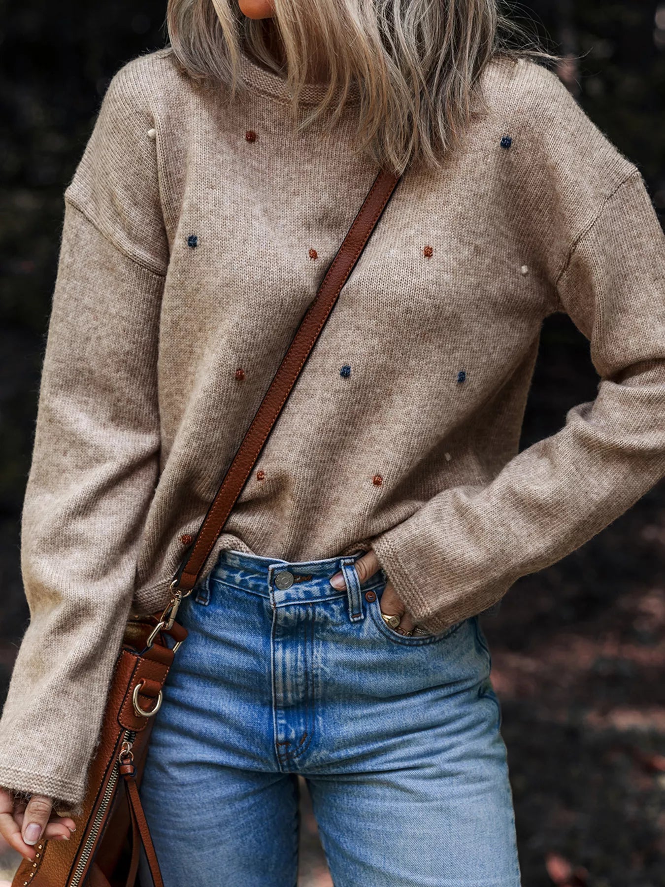 Contrast Colored Dot Detail Drop Shoulder Sweater 