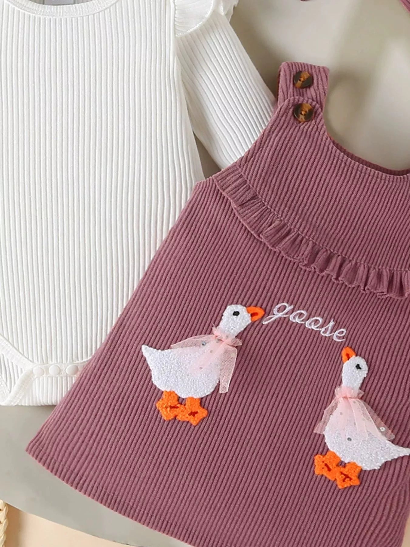 Children's Ruffled Trim Bodysuit and Dress Set with Headband 