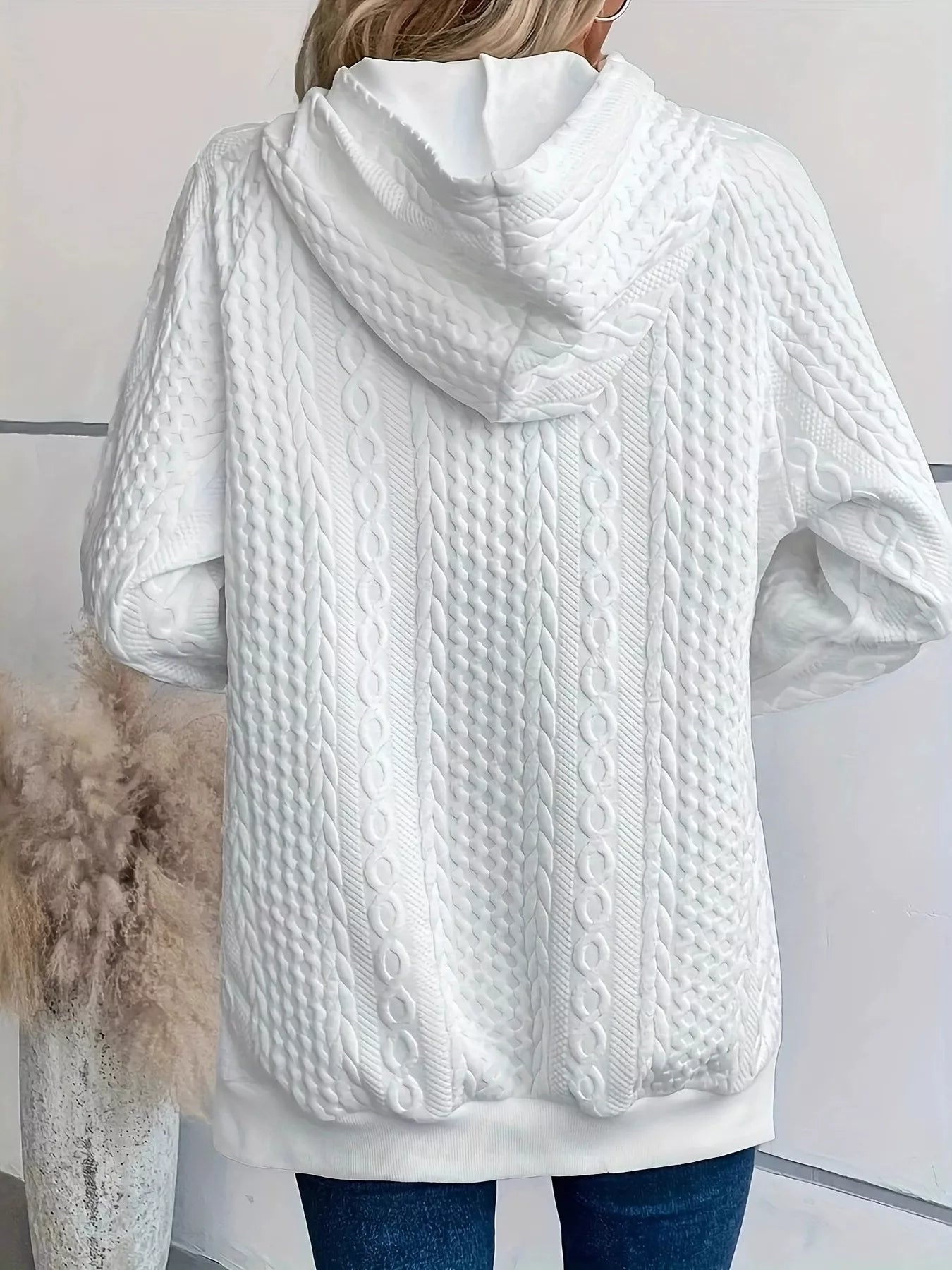 Cable Texture Hoodie with Side Button 
