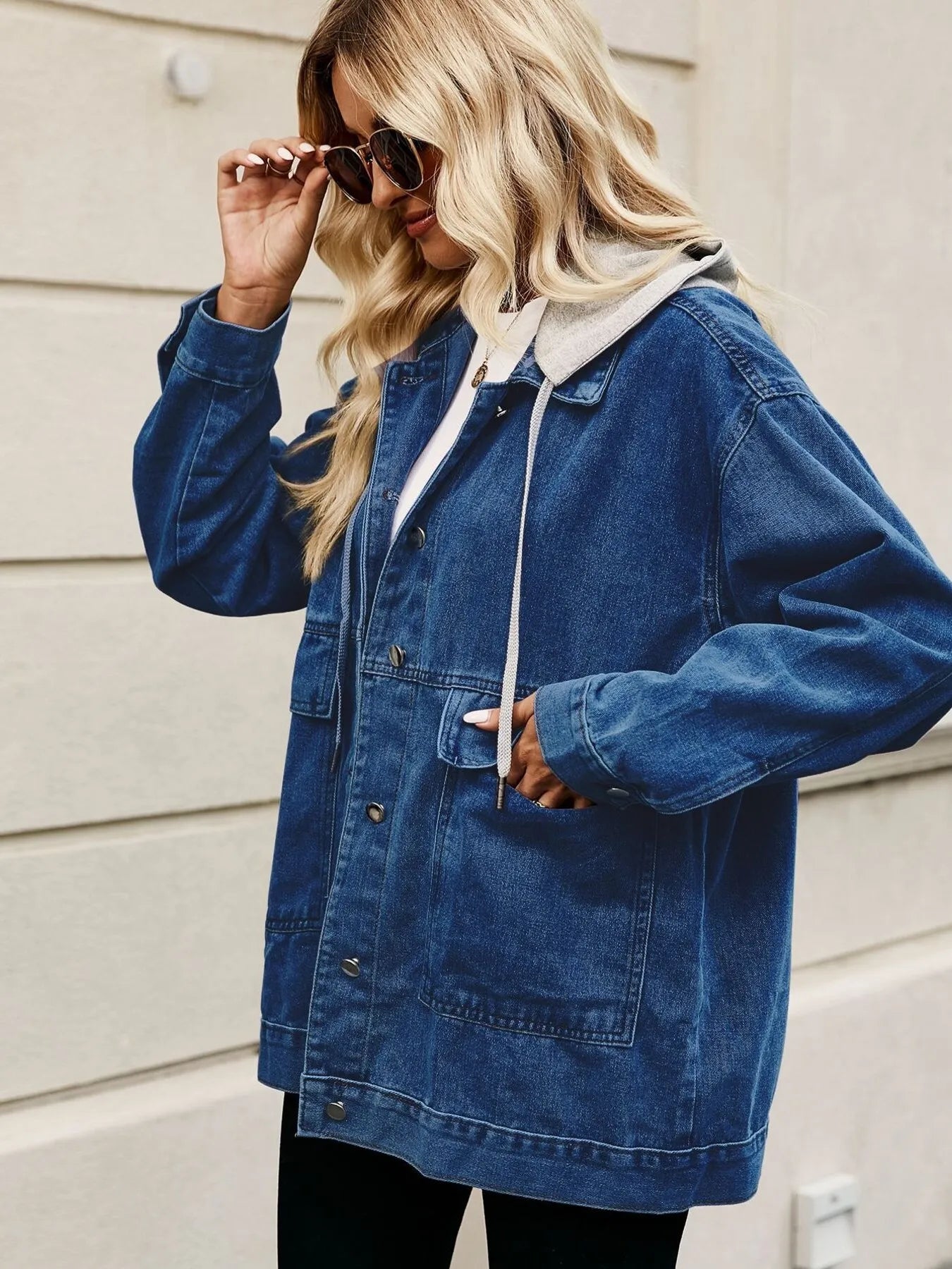 Oversized Button Up Denim Jacket with Hood 