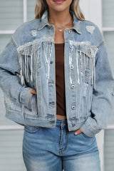 Sequin Fringe Trim Distressed Button Up Denim Jacket 