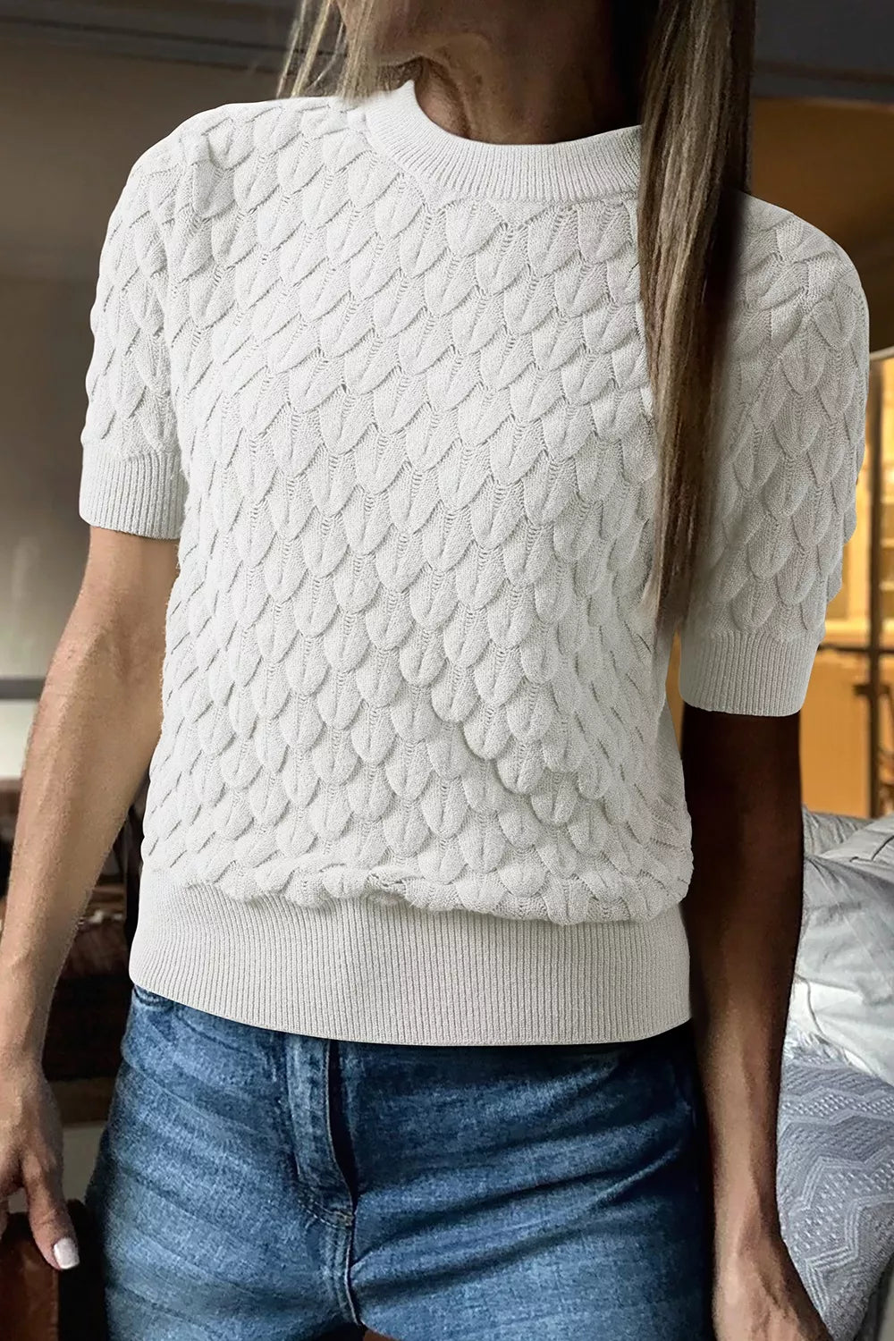 Textured Knit Short Sleeve Pullover 