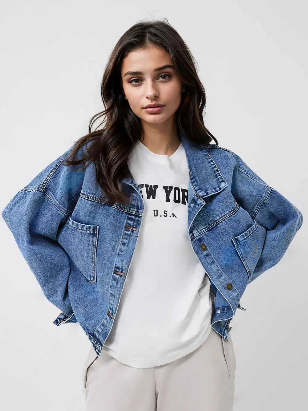 Pocketed Button Up Long Sleeve Denim Top 