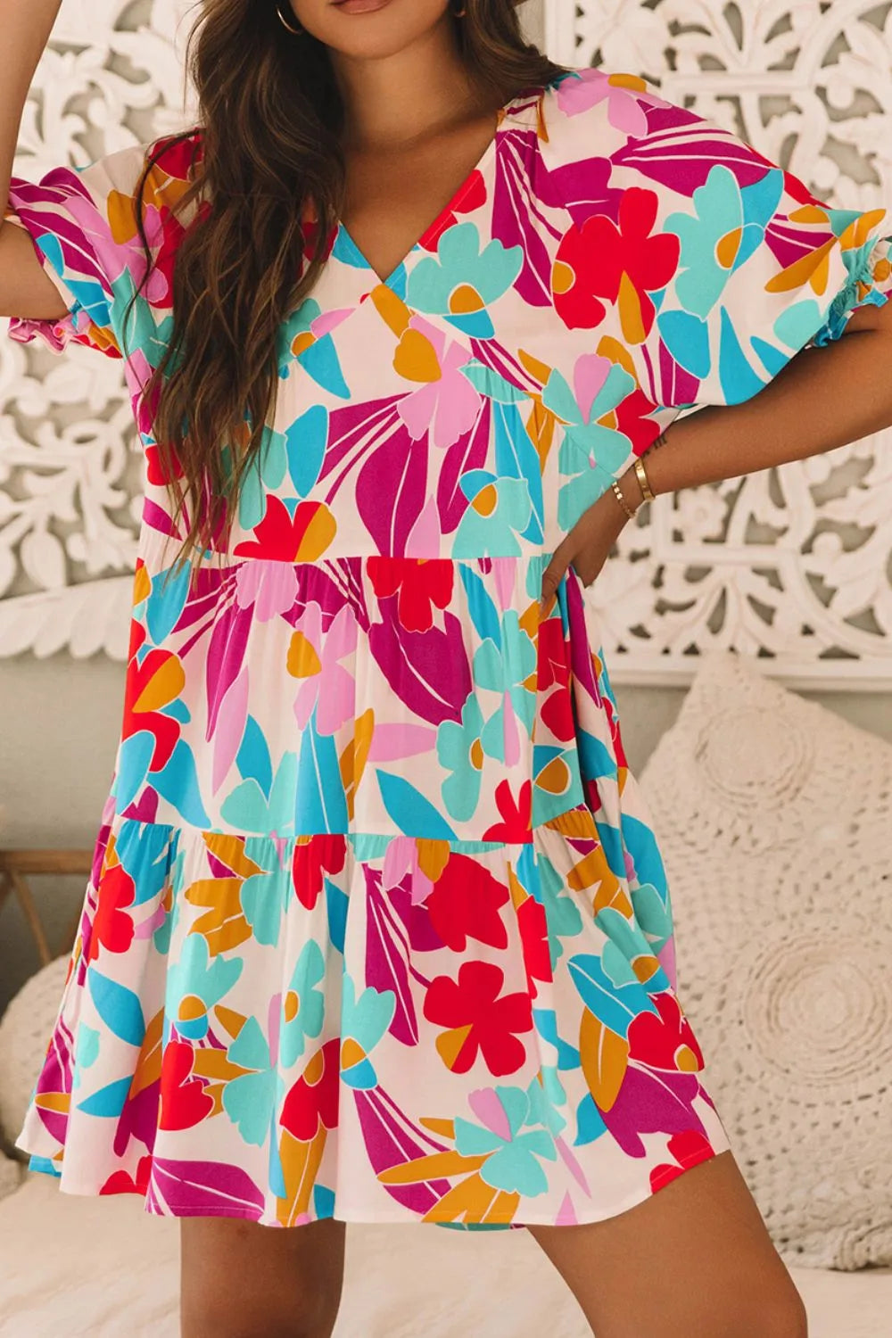 Floral Bubble Sleeve V Neck Tiered Ruffle Babydoll Dress 