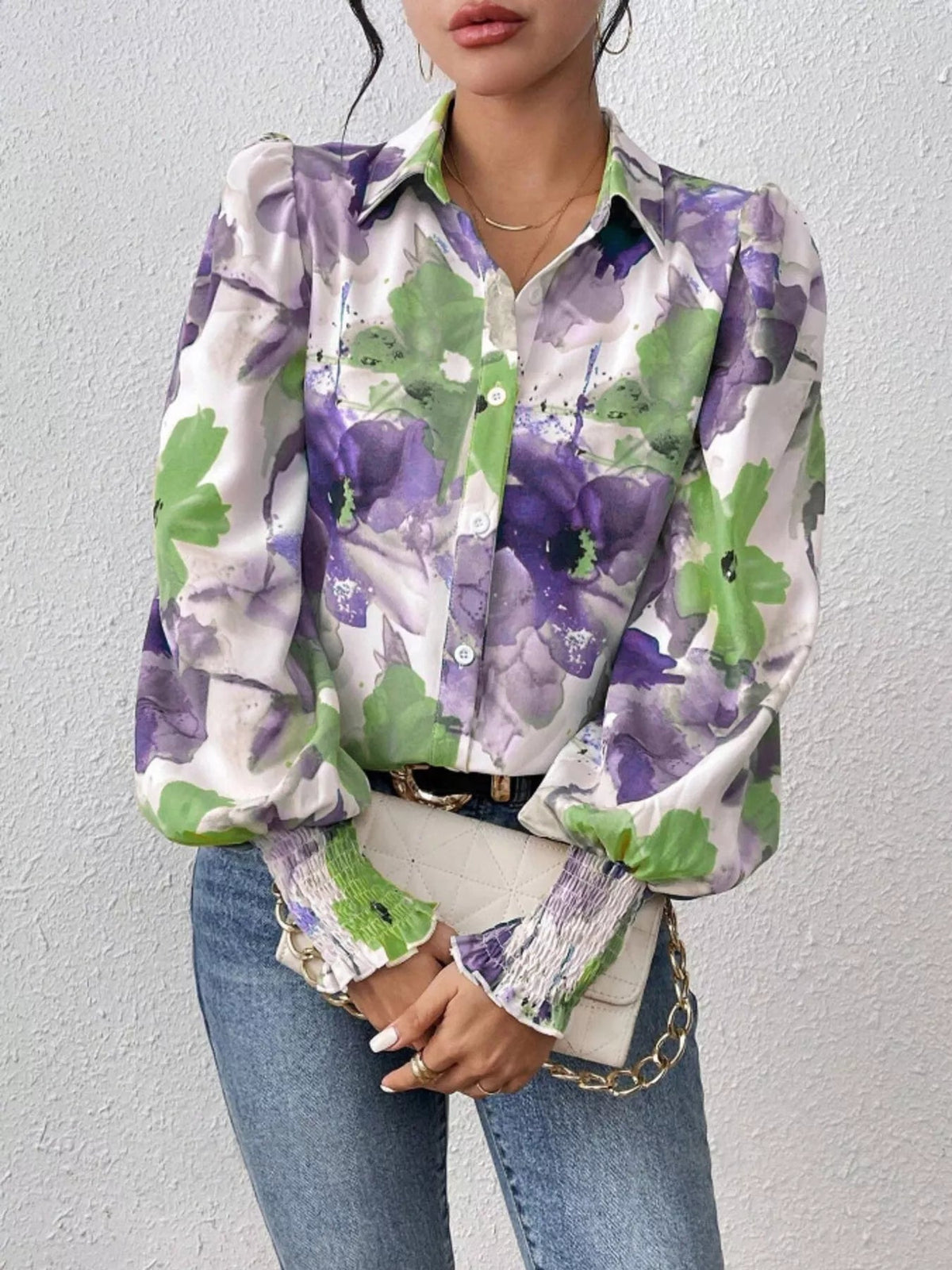 Printed Button Up Lantern Sleeve Shirt 