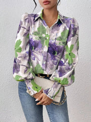 Printed Button Up Lantern Sleeve Shirt 