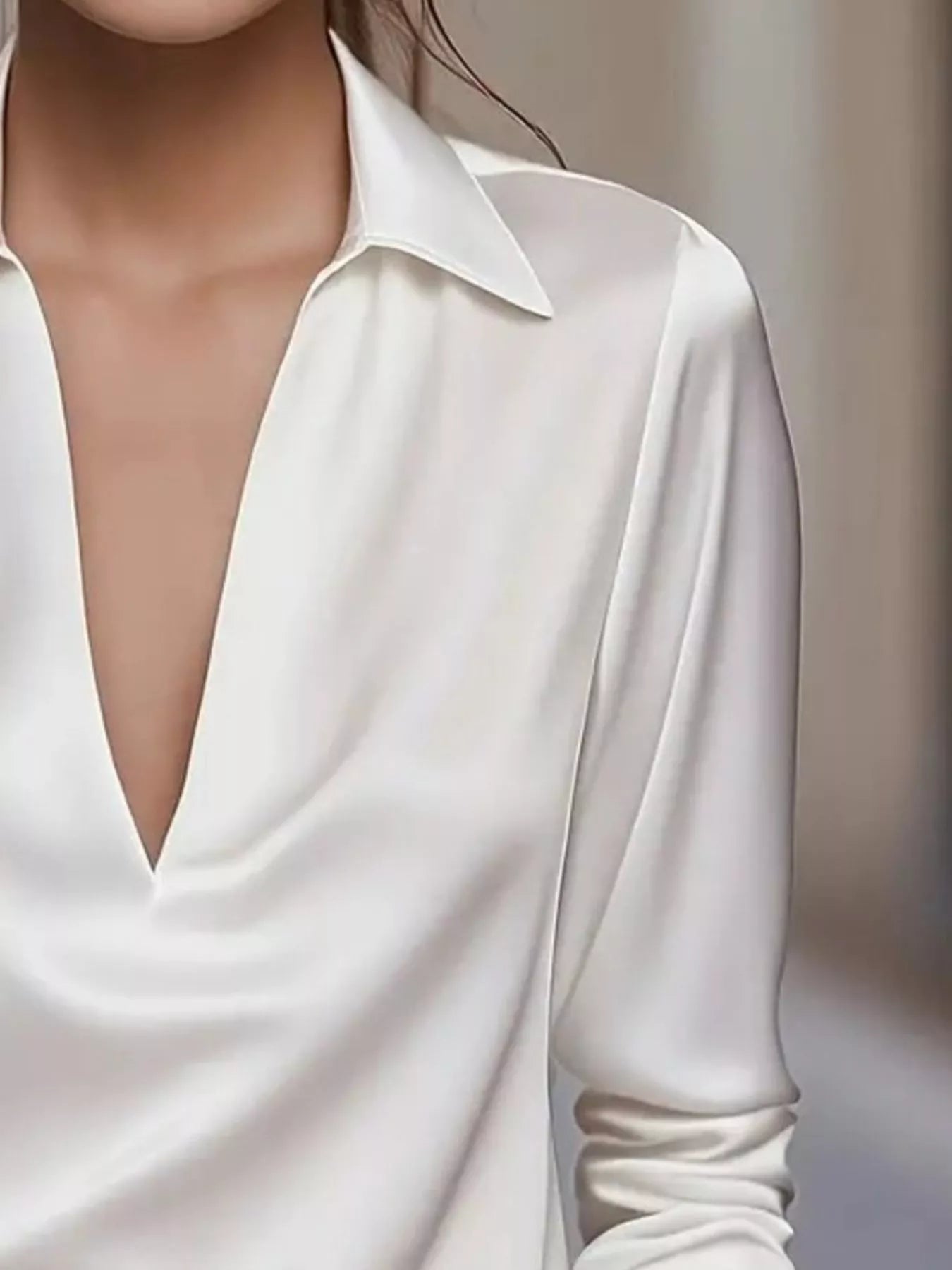 Satin Johnny Collar Long Sleeve Blouse 